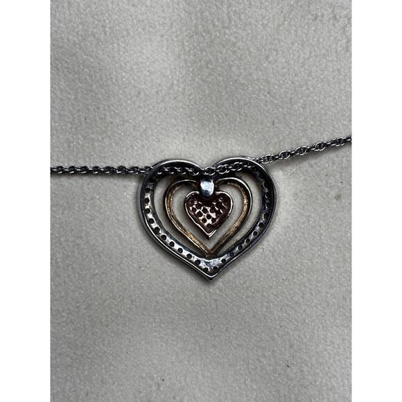 Vintage Sterling Silver Two Tone Diamond Accent Triple Heart Pendant Necklace - Picture 3 of 4